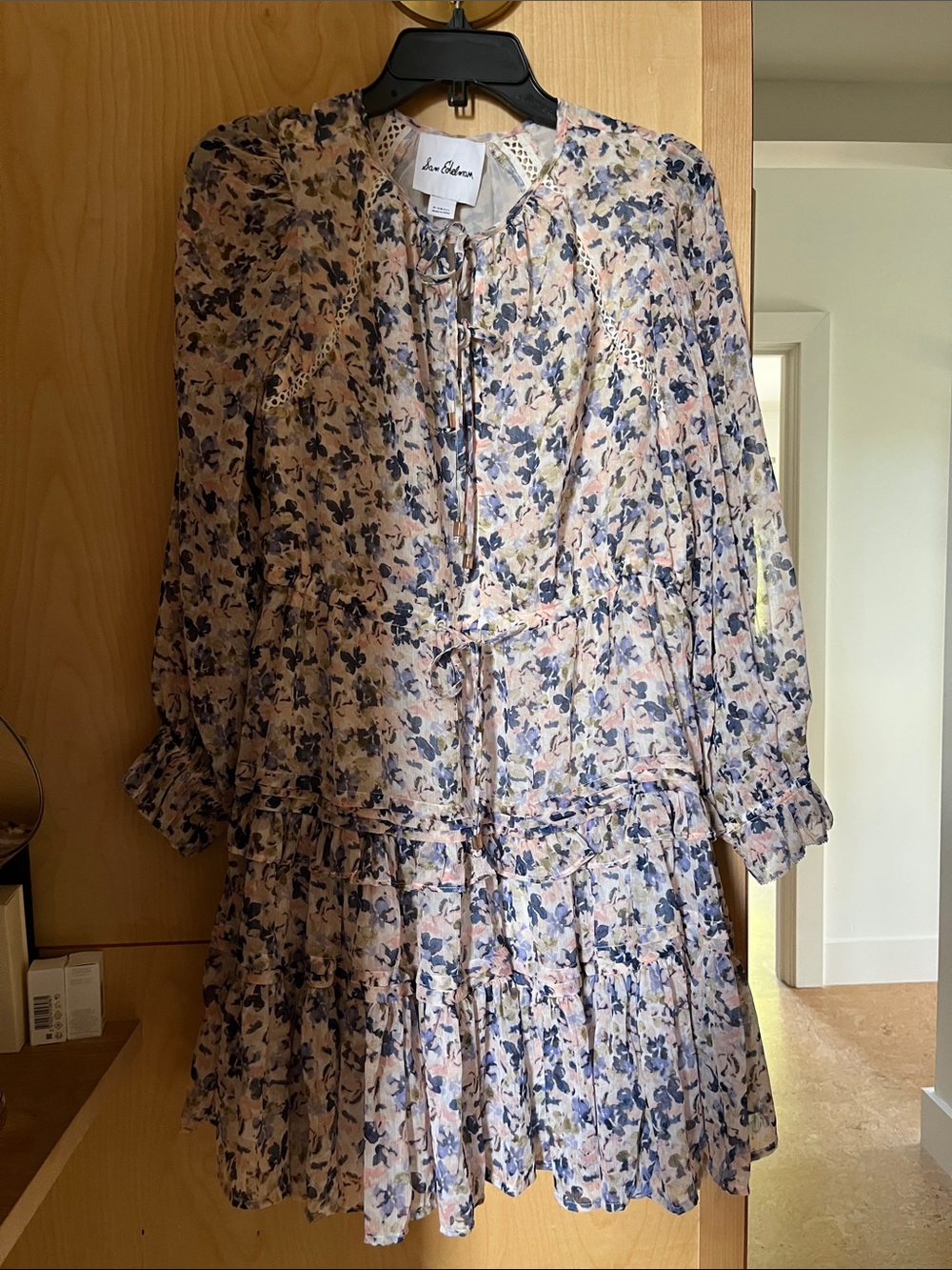 Sam Edelman Floral Long-Sleeve Tiered Tie-Neck Dress in Pink and Blue